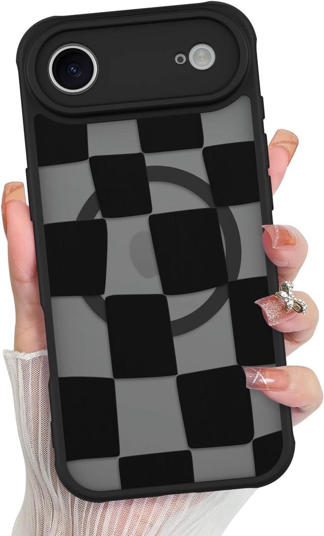 KANGHAR for iPhone Air Case 2025 Checkered Matte Aesthetic Cute Pattern Magnetic [Compatible with Magsafe] Slim Shockproof Full Body Protection for Girls Women -Black