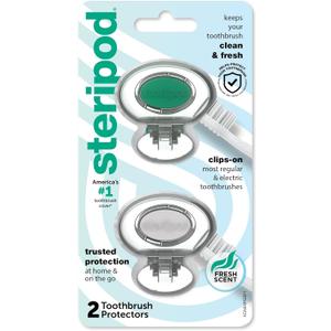 Steripod Clip-on Toothbrush Protector, Green/Silver, 2 Count