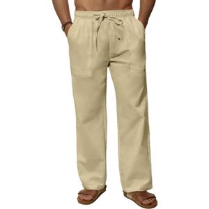 Mens Casual Linen Pants Elastic Wasist Drawstring Lightweight Summer Beach Yoga Pants Trousers with Pockets (White, XXXL)