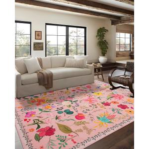 Area Rug 8x10, Washable Large Rugs for Living Room, Non Slip 0.27" Low Pile Vintage Floral Large Carpet for Bedroom, Dining Room, Kids Playroom (Pink)
