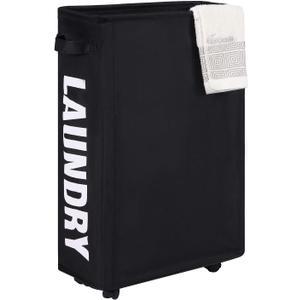 Caroeas 22" Rolling Slim Laundry Basket with Stand Foldable Waterproof Sorter and Organizer on Wheels Tall Thin Dirty Laundry Hamper Basket Home Corner Bin (Slim 22",Black)