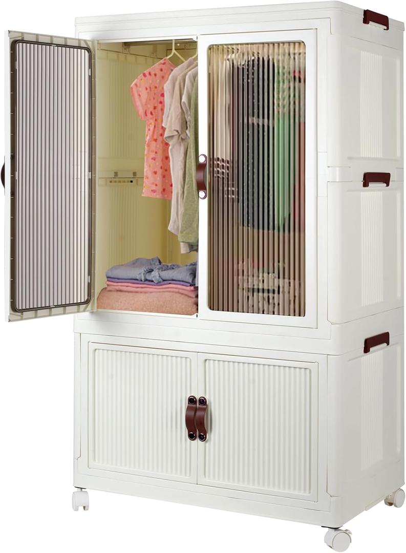 Stackable Closet Storage Bins, Collapsible Clothes Organizers, Portable Wardrobe Closet with Lids and Doors, Movable Clothes Storage with Coat Hangers, White