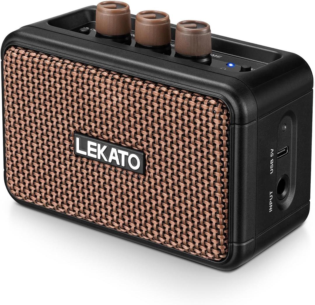 LEKATO Mini Guitar Amplifier, Dual Speakers 5W, Rechargeable Electric Guitar Amp Bluetooth with Clean Overdrive, 6H Working, Headphone Jack, Portable Small Amp for Practice AG-04 (Brown)