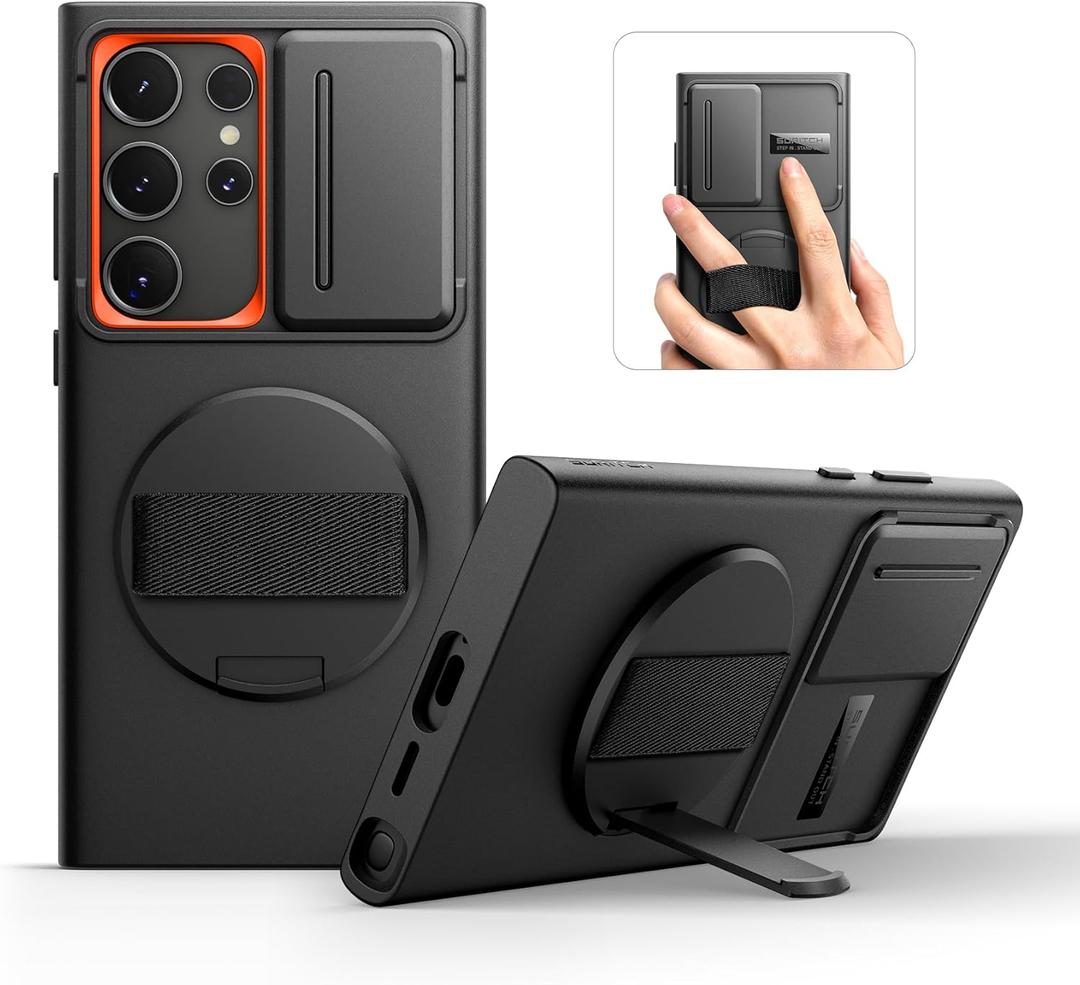 SURITCH for Samsung Galaxy S24 Ultra Case with 360 Rotatable Hand Strap Phone Grip & Invisible Kickstand & Slide Camera Cover, Rugged Shockproof Protective Cover for S24 Ultra -Black