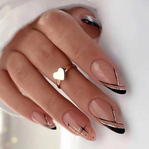 24 PCS French Tip Press on Nails Medium Almond Shape False Nails Gold Glitter Full Cover False Nails with Black Gold Line Star Design Artificial Fingernails for Women Girls Acrylic Manicure Decoration