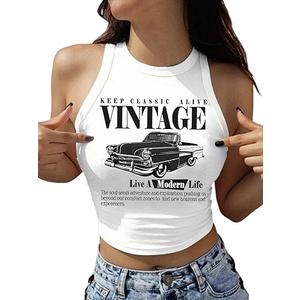 RoseSeek Women's Graphic Crop Tops Crewneck Slim Fit Sleeveless Tank Tops Summer Tops Cowgirl Shirts, Medium