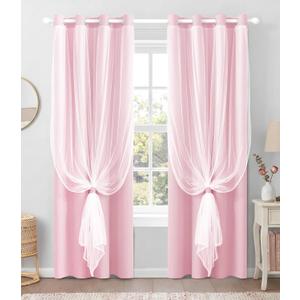 100% Blackout Curtains with Sheer Overlay, 2 Panels Thermal Insulated Double Layer Grommet Drapes for Girls Bedroom Living Room Darkening Apartment Windows Decor, 52" W x 84" L, Pink