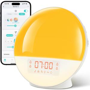 Sunrise Alarm Clock with App Control for Heavy Sleepers, Bedroom, Wake Up Light with Sunrise&Sunset Simulation, White Noise Sound Machine with 11 Colors Night Lights, Dual Alarms, FM Radio