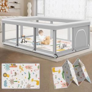 Baby Playpen with Mat 74" 50", Large Play Yards Indoor & Outdoor, Sturdy Safety Baby Play Pen with Soft Breathable Mesh, Toddlers Play Pen with Anti-Slip Base, Waterproof Mat Included