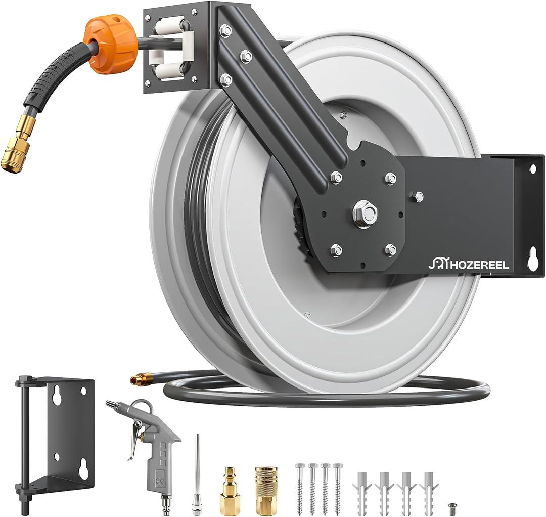 Steel Retractable Air Hose Reel,3/8" x 50 ft Hybrid Hose Max 300PSI,Heavy Duty Air Compressor Hose Reel with Auto Rewind/Quick Air Coupler/Durable Double Side Frame for Garage, Workshop.