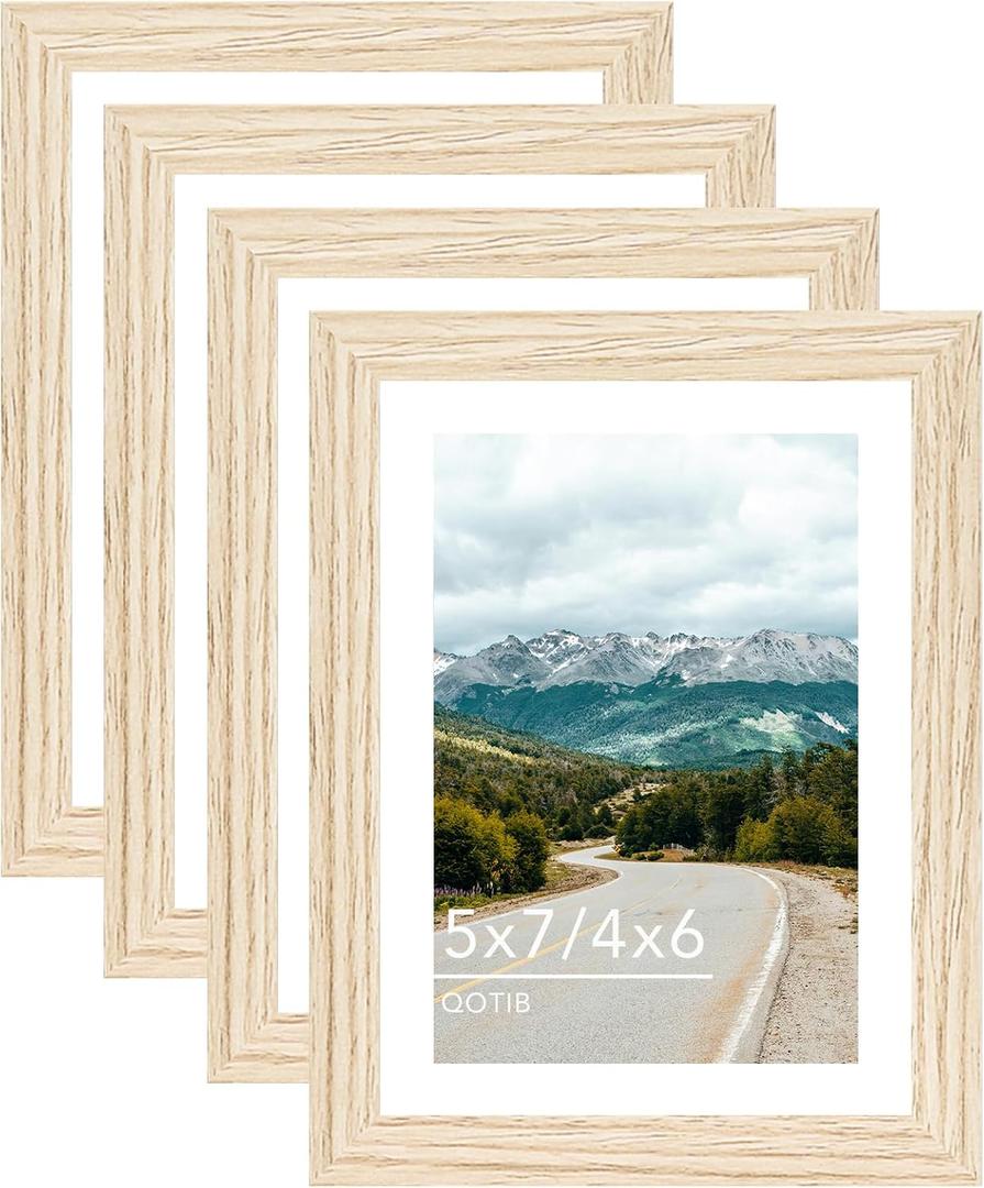 5x7 Wood Picture Frame with 4x6 Mat, Display 4x6 with Mat or 5x7 Without Mat, Wooden 5 by 7 Photo Frame, 5 x 7 Frame for Wall Hanging and Tabletop Display, 4 Pack, Natural Beige