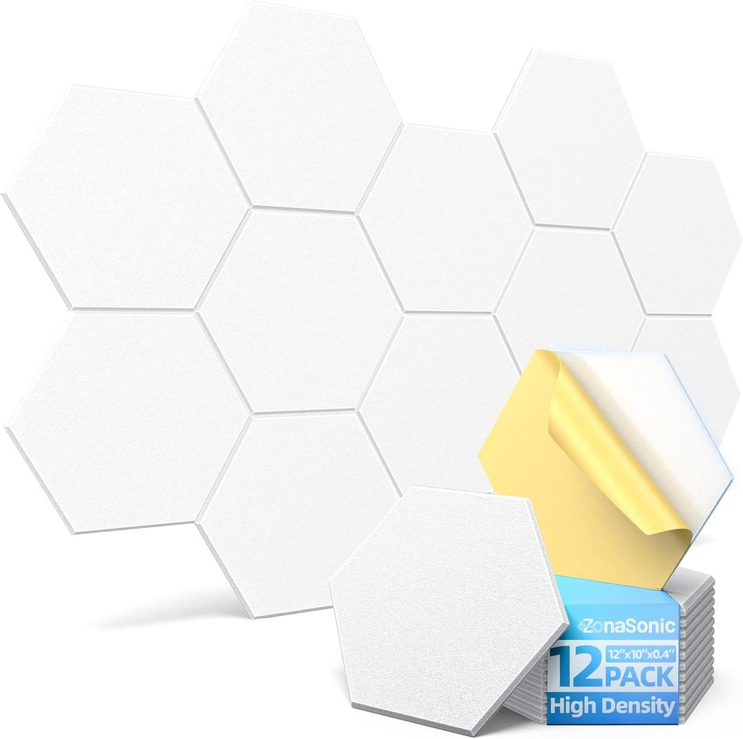 12 Pack Hexagon Acoustic Panels with Self-Adhesive, 12" X 10" X 0.4" Sound Proof Foam Panels for Walls, High Density Soundproof Wall Panels, Sound Dampening Panels for Home Studio Decor Office - White