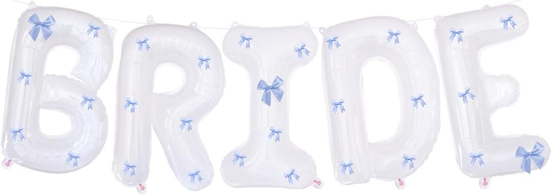 White Bride Balloons 40 inch with Ribbon Bows for Bridal Shower Bride to Be Bachelorette Party Decorations Wedding Engagement Party Dcor (Blue)