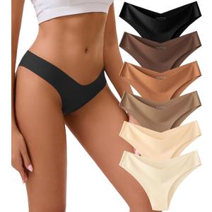 Seamless Underwear for Women V-Waisted No Show Panties Invisible Soft Stretch Bikini Hipster 6-Pack (L)