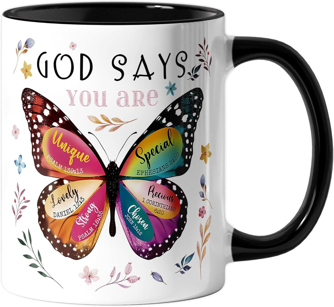 Spwasplo Christian Gifts for Women - Birthday Christian Mug 11oz with Butterfly - Inspirational Religious Catholic Gift for Sister, Friend, Daughter, Mom - Baptism Confirmation Gifts for Girls