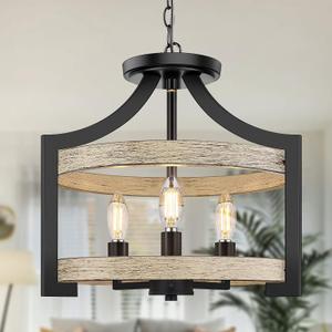 3-Light Farmhouse Chandelier, 14.5 Pendant Hanging Lighting Adjustable Height, Convertible Vintage Semi Flush Mount Ceiling Light Fixture, Rustic Chandeliers for Dining Room Foyer Entryway Kitchen