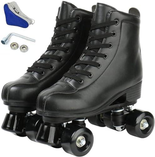 Jessie Leather Roller Skates for Women and Men - Adjustable Four-Wheel Premium Skates for Indoor and Outdoor Use (Black Wheel, Women's 8/ Men's 6.5)