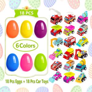 18 PCS Easter Egg Fillers with Toys Inside, Easter Basket Stuffers for Toddlers Filled Pull Back Engineering Vehicles Plastic Eggs Party Favors for Kids Egg Hunt Gift Easter Basket Essentials