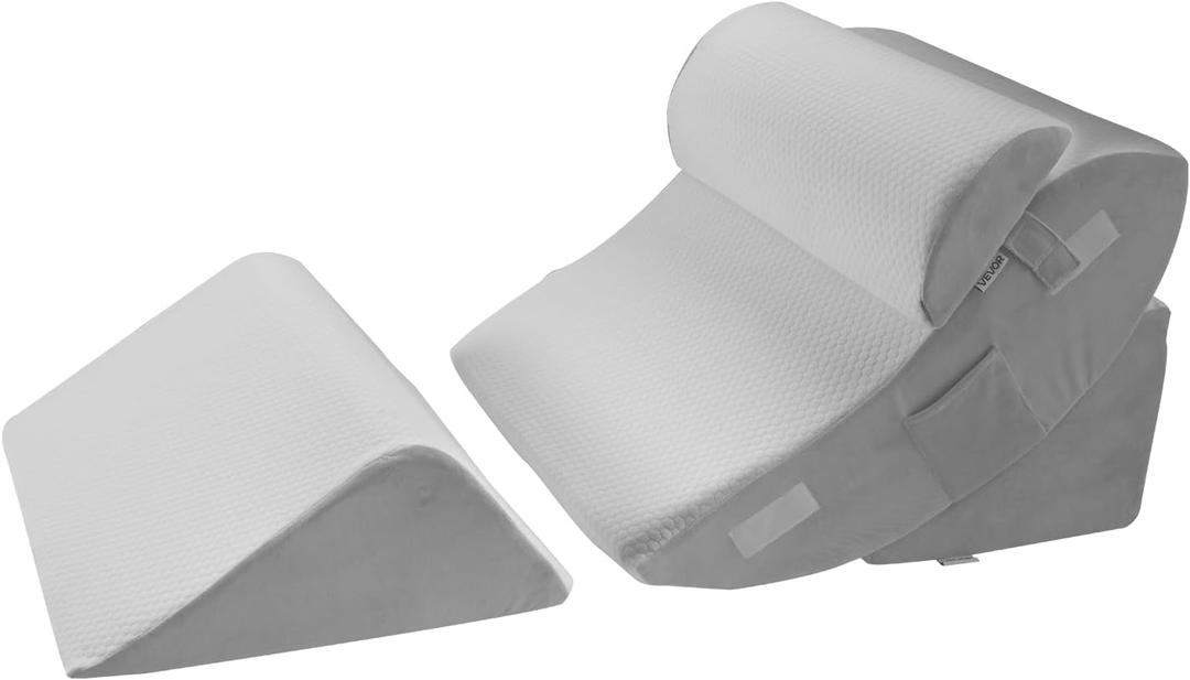 VEVOR Wedge Pillow for Sleeping, 4 Pcs Adjustable Orthopedic Bed Wedge Set, Support Leg Neck Shoulder, Post Surgery Pillow for Back Pain, Acid Reflux, Snoring Relief, Sitting up in Bed, White/Grey (4PCS-Half moon pillow-Air layer)