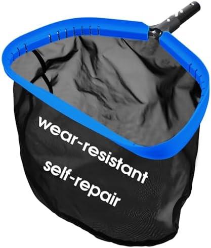 Upgraded Self-Repair Pool Net, Pool & Pond Cleaning Skimmer with Heavy Duty Nylon Net - Fine Mesh, Aluminum Frame, Deep Trash Bag for Above Ground & In-ground Pools, Leaf Skimmer Rake Net(No Pole)