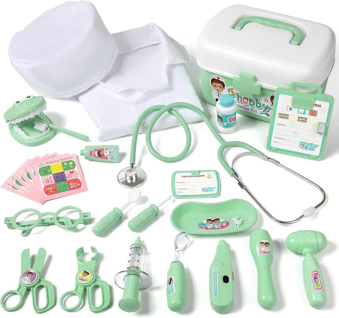Durable Doctor Kit for Kids, 27 Pcs Deluxe Pretend Play Medical Toy with Real Stethoscope, Doctor Kit for Toddlers Boys Girls Birthday (Green)