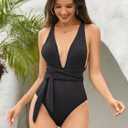 Lilosy Sexy Tie Criss Cross Plunge One Piece Thong Swimsuit High Cut Brazilian Bathing Suit (Black, L)