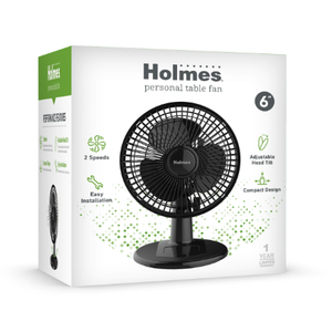 Holmes 6” Personal Table Fan – 2 Speeds, Compact, 15° Head Tilt, Wide-Angle Oscillation, Black