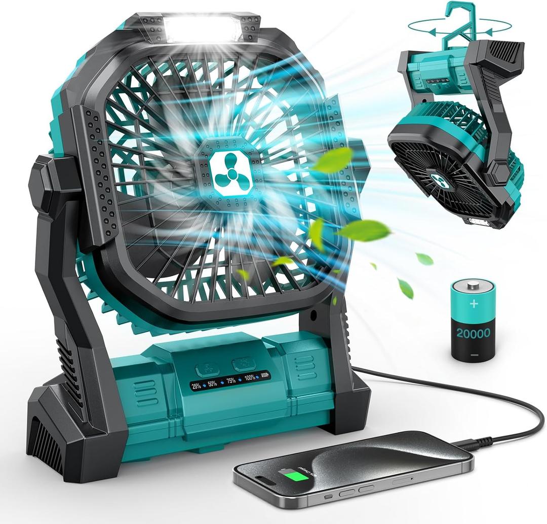 Portable Fan Rechargeable, 20000mAh Cordless Battery Powered Fan with LED Lantern, USB C Battery Operated for Travel Bedroom Home Camping Tent Office Beach Desk Fishing Table (Green)
