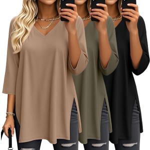 Velvelhall 3 Pack Women's 3/ 4 Sleeve Oversized T-Shirts V Neck Comfy Casual Tunic Tops Knit Side Basic Split Loose Fit Tees (Small, Black, Army Green, Coffee)