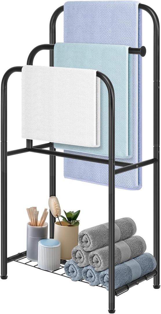 HarJue Towel Racks for Bathroom, 35" H Standing Towel Holder 3 Tier Metal Pool Towel Hanger Outdoor Floor with Storage Shelves for Blanket Bath Towel Drying (Matte Black)