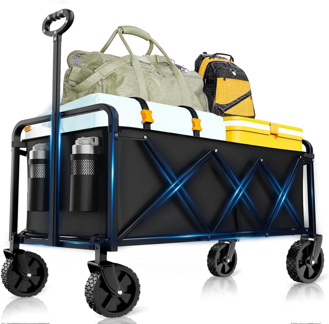 Collapsible Wagon with Wheels, 330 lbs Wagons Carts Foldable Wagon Cart, Carbon Steel Frame Structure, Lightweight Portable Folding Utility Grocery Shopping Cart for Grocery Sports Garden Camping