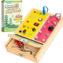 Tilhumt 2-in-1 Busy Board with LED Light, Montessori Screwdriver Board Set with 6 LED Light Switches, Toddler Montessori Switch Fidget Board with Lockable Toolbox, Travel Activity Toys for Kids 3-5