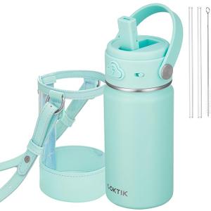 Kids Water Bottle with Straw, 14oz Insuss Steel Tumbler, Leak-Proof Locking Lid for School, Lunchbox, Outdoor Sports, Case with Shoulder Strap(1 Pack, Mint Green)