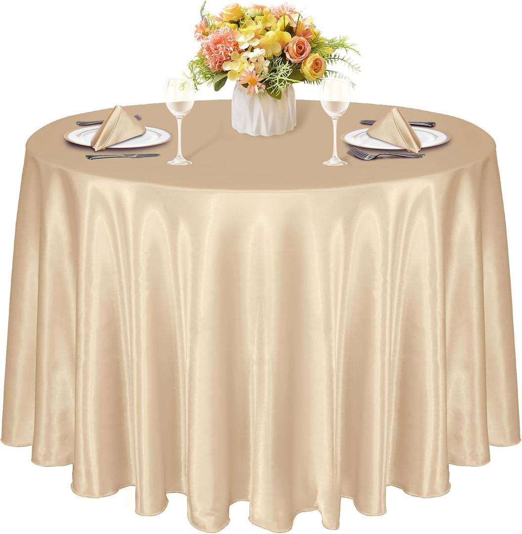 KKJIAF 1 Pack 120 Inch Round Tablecloth Satin Champagne Round Table Cover, Silky Satin Dining Table Cloth for Wedding, Party, Banquet, Restaurant, Formal Events