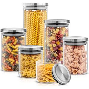 JoyJolt Kitchen Canister Set. 6 Glass Jars with Lids (Stainless Steel) Lids. Airtight Food Storage Containers for Pantry or Counter. Versatile Pantry Organization, Sugar Container or Cereal Canisters