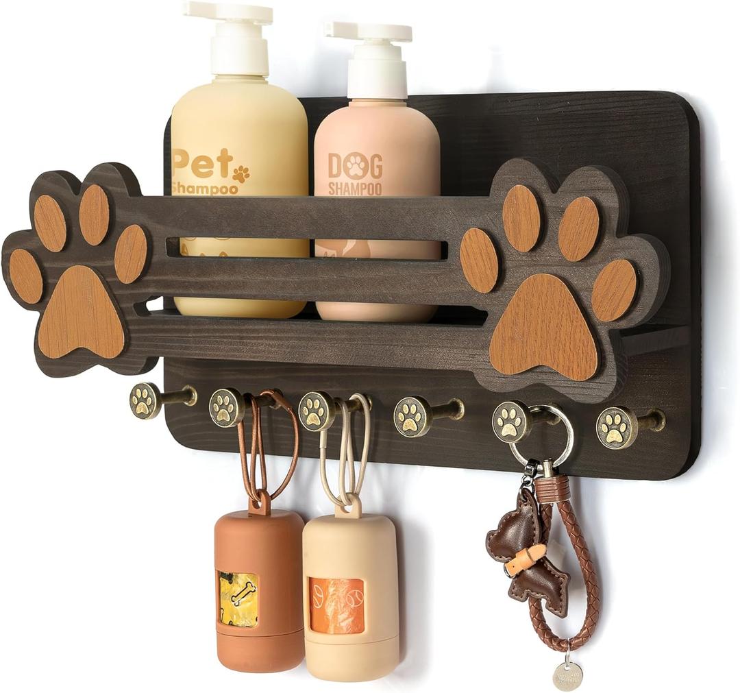 MTERSN Decorative Dog Leash Holder for Wall - Cute Dog Accessories Organizer with Floating Shelf & 6 Key Hooks  Key Holder Wall Mount for Cute Stuff and Farmhouse Decor (Dark Brown)