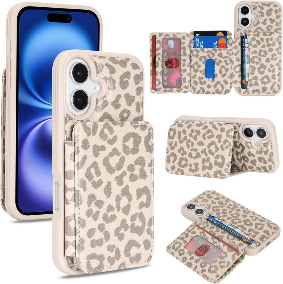Cavor Compatible with iPhone 16 Wallet Case with Card Holder, Credit Slots Kickstand Stand Phone Case for Women Men, PU Leather Protective Case-Beige Leopard