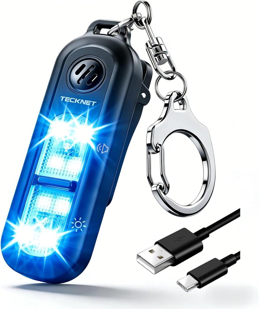 TECKNET Personal Safety Alarm 135dB with SOS Strobe Light for Women - Rechargeable& IPX4 Waterproof Running Lights with Clip On Torch & Low Battery Notice, Safety Siren for Travel Kids, Black