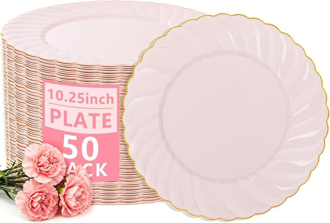 YOUBET 50 Pack Pink Scalloped Plastic Plates - 10.25 Inch Pink Disposable Plates - High End Elegant Vintage Dinner Plate for Party & Weeding & Birthday Mothers Day