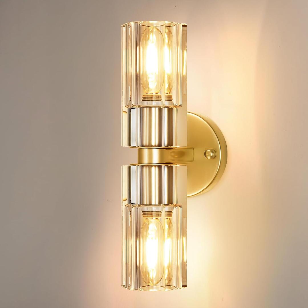 Gold Wall Sconce, Modern Bathroom Sconces Wall Lighting Vanity Light Fixtures with Clear Crystal, Hardwired Brushed Brass Wall Mount Lights for Living Room Corridor Mirror Bedroom Stairs (13"-1 Pack)