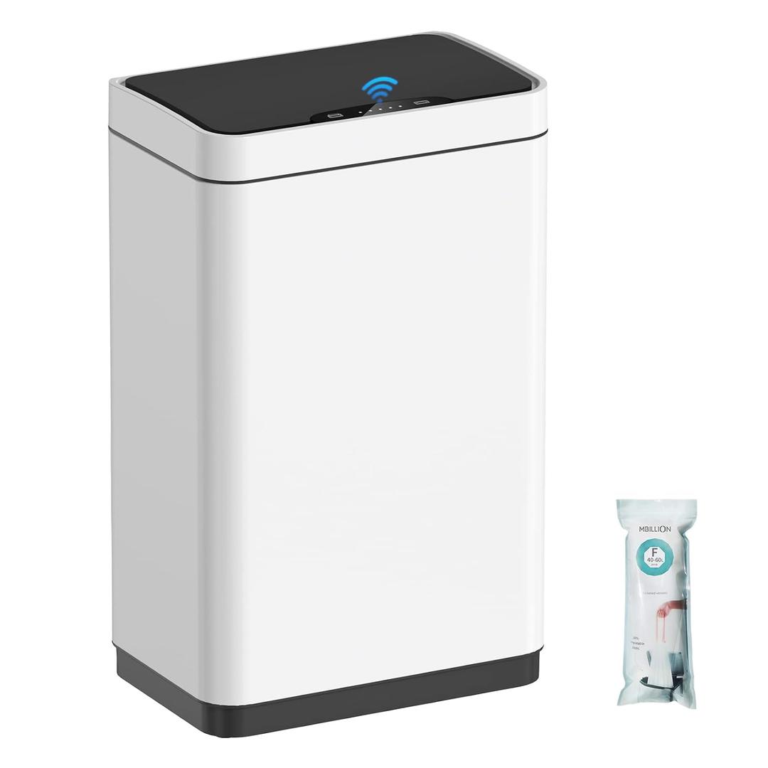 Mbillion Automatic Trash Can Touchless 15 Gallon Motion Sensor Trash Can Stainless Steel Smart Trash Cans with Lid Rectangular Touchless Garbage Can for Kitchen Bedroom Home Office White