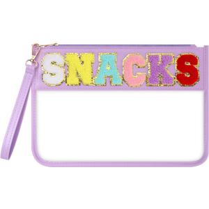 Clear Snack Bag for Travel, Chenille Letter Clear Zipper Snacks Pouch Nylon Cosmetic Bag Makeup Travel Bag for Women (Purple)