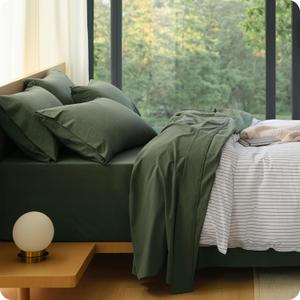 Bedsure 100% Washed Cotton Percale Sheets King Size - Linen Like Textured 6-Piece Bedsheet Set with 18" Deep Pocket, Breathable & PureWoven Soft Comfy (Olive Green, King)