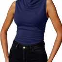 Women's Summer Ruched Mock Neck Top Dressy Casual Draped Sleeveless Work Tank Tops (L)