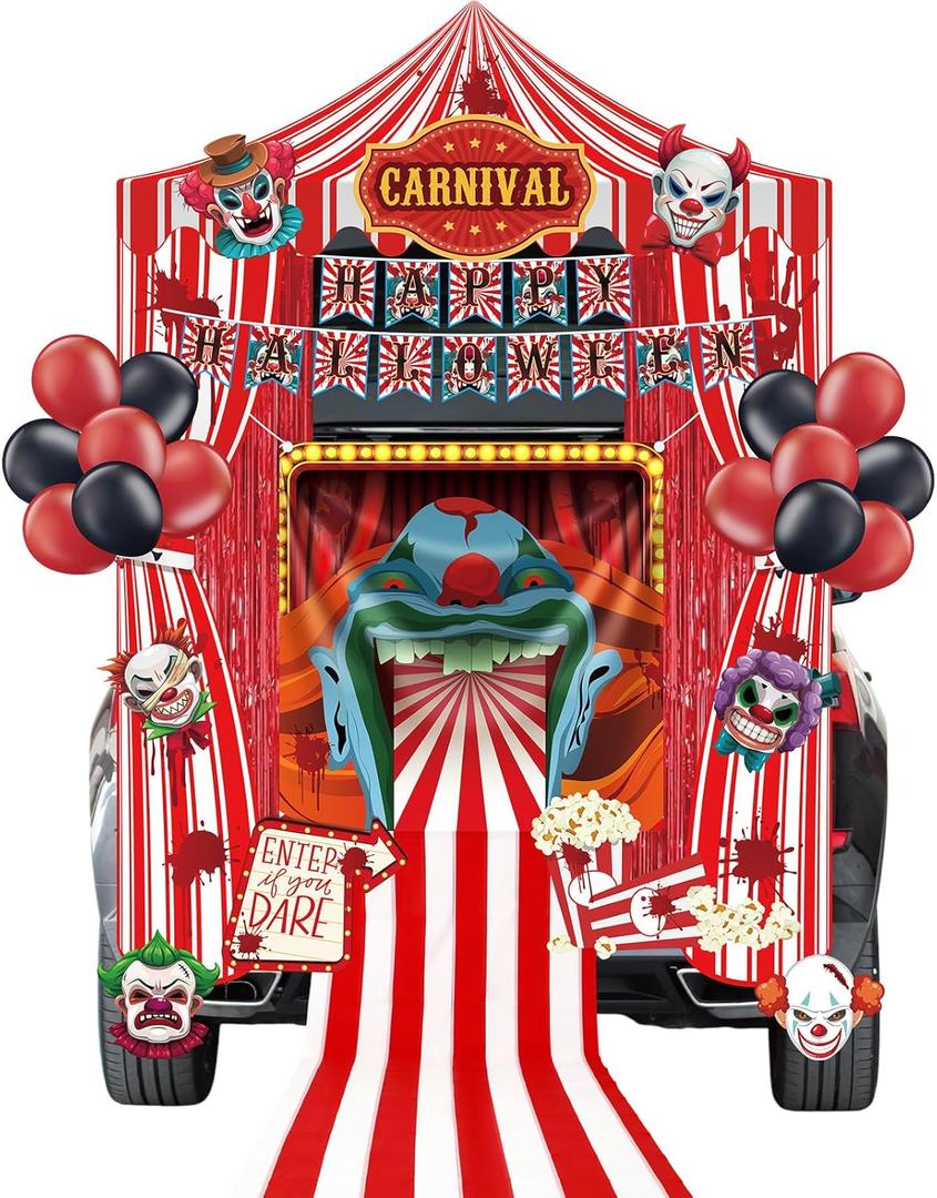 Blosssound 39 Pcs Circus Trunk or Treat Evil Carnival Halloween Car Decorations Kit Scary Clown Cutouts Backdrop Balloons Garland Tablecloth Tinsel Curtains for Car Archway Garage Door Decor Supplies