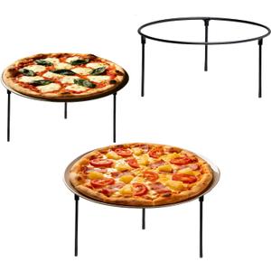 Set of 3 Black Metal Pizza Riser Stands - 8x8x4 Inch Round Pizza Tray Rack, Stackable Wire Display Stands for Buffet, Restaurant, Party & Home Use