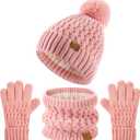 Kids Pompom Winter Beanie Hat Scart Gloves Set,Boys Girls Knitted Fleece Lined Woollen Hat for Children's Toddler 3-9 Years (Pink)