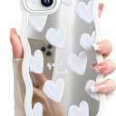 LSL Case for iPhone 14 Plus Glossy Mirror White Hearts Pattern | Protective Cover Slim Lightweight Trendy Design for Women & Girls Curly Wave Edge