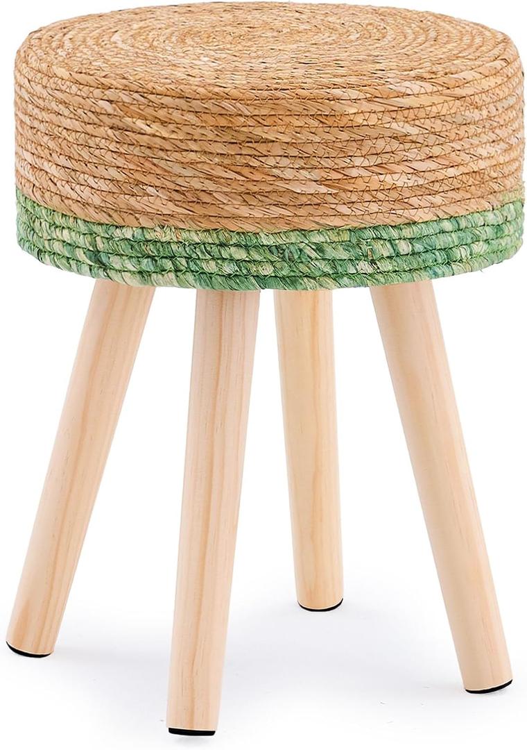 Handwoven Outdoor Ottoman, Water Hyacinth Pouf Round Patio Footstool with Wood Legs, 17-Inch Multipurpose Vanity Stool, Dining Chair, Patio Footrest for Balcony and Garden, Green (13"D x 13"W x 16.9"H)