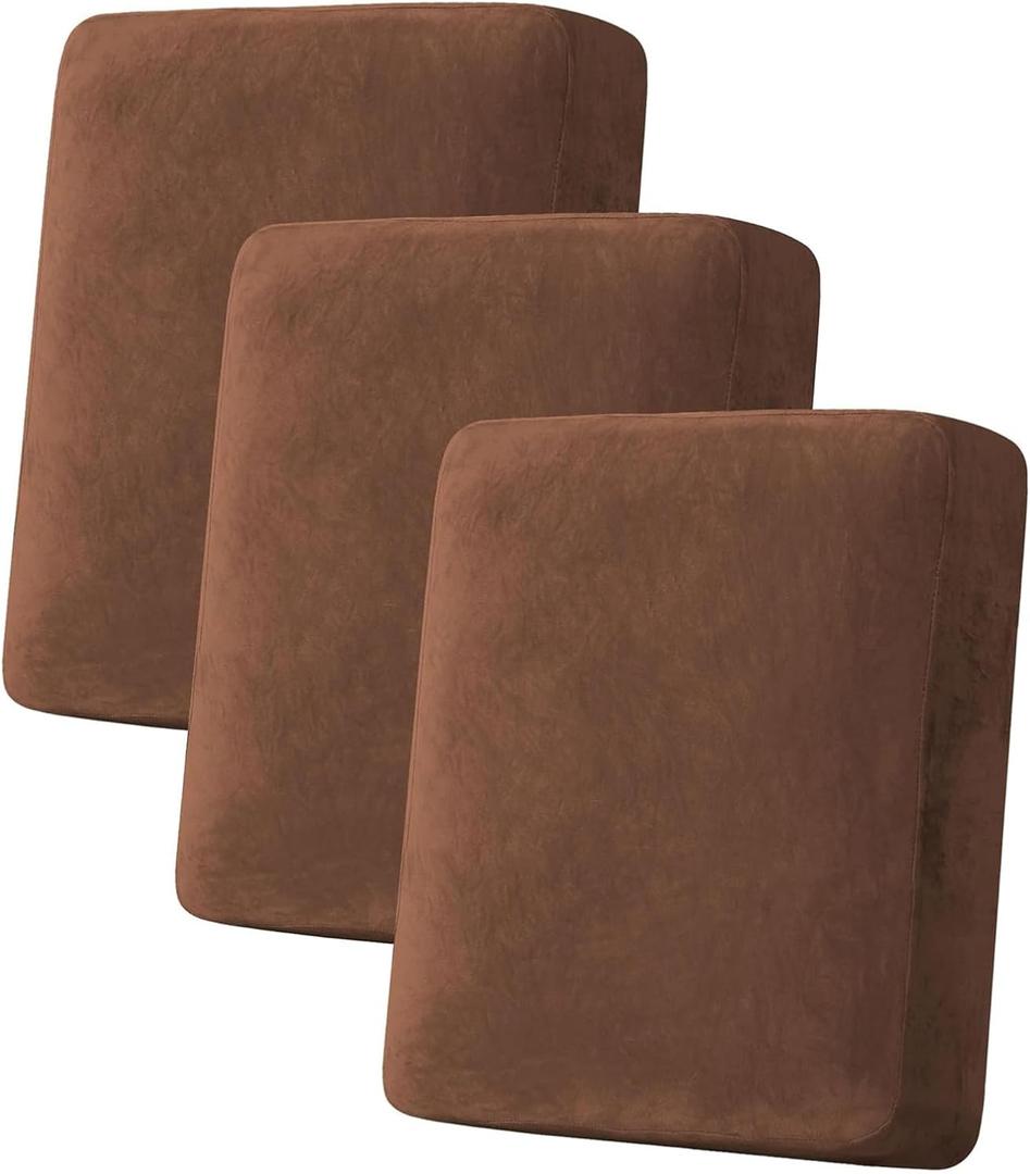 H.VERSAILTEX Velvet Stretch Couch Cushion Cover Plush Cushion Slipcover for Sofa Cushion Furniture Protector Seat Cushion Sofa Cover (3 Piece Sofa Cushion Covers, Caramel)